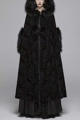 Black Fur Hood Front Fuzzy Ball Bandage Long Women's Gothic Cloak
